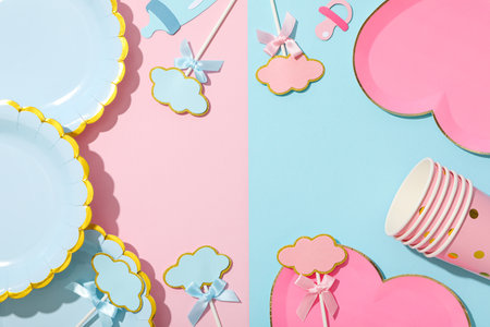 Paper plates and cups on blue and pink background, space for textの写真素材