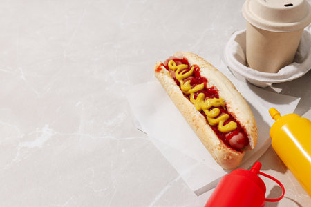 Hot dog, sauces in bottles and paper cup on light background, space for textの写真素材