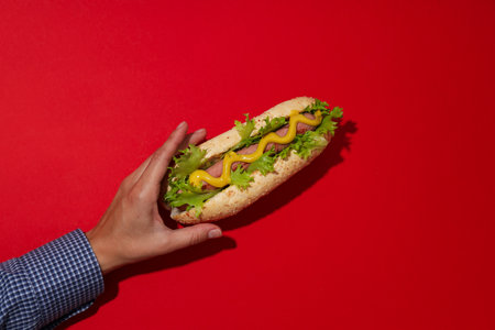 Hot dog with sauce and hand on red background, top viewの写真素材