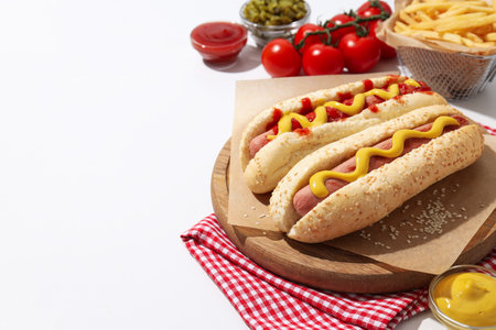 Hot dogs on board, sauces in bowls and French fries on white background, space for textの写真素材