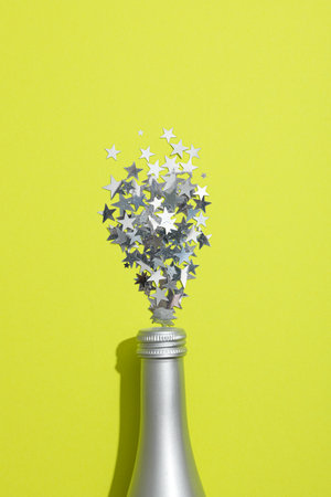 Concept of party decor and confetti, balloons and candles.