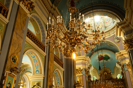 A beautiful large chandelier in the churchの写真素材
