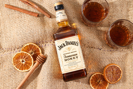 Ukraine, Kyiv, 01.11.2023, Jack Daniels whiskey with dried lemonsのeditorial素材