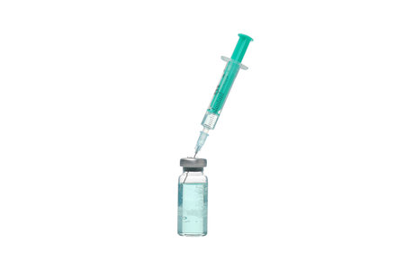 PNG, Glass medical bottle with liquid and syringe, isolated on white background