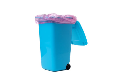 PNG, Blue trash can with bag, isolated on white backgroundの写真素材