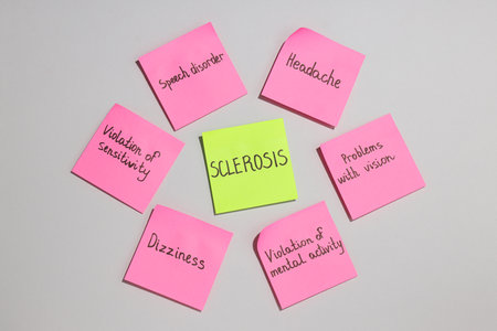 Sclerosis and its symptoms on pieces of paperの写真素材