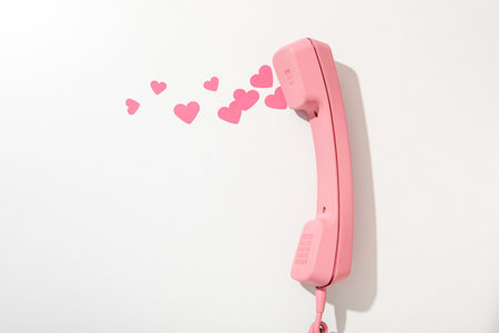 Phone with hearts on a light background.の写真素材