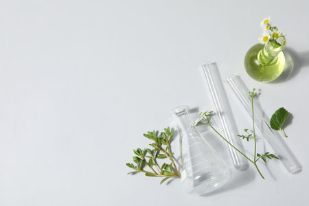 Test tubes and flowers, Herbal medicine, concept of herbal medicine researchの写真素材