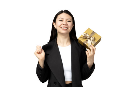 PNG, Asian girl with a gift, isolated on white background.の写真素材