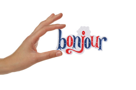PNG word bonjour in hand isolated on white background.の写真素材