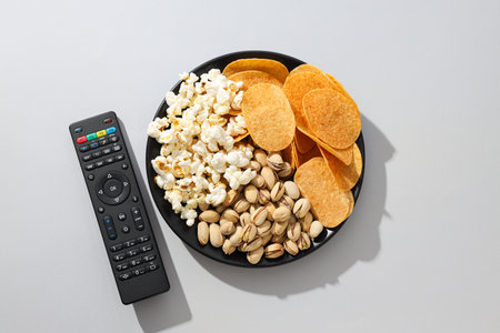 Chips and popcorn in a bowl with a remote controlの写真素材
