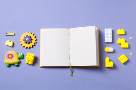 Children's book, with toys, on a purple background.