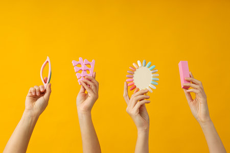 Concept of manicure and pedicure, things in the hands of many women.の写真素材