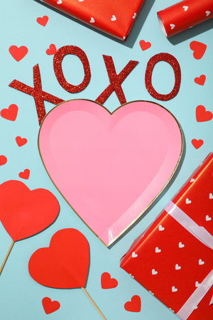 Red gifts on a blue background, concept for Valentine's Day.の写真素材