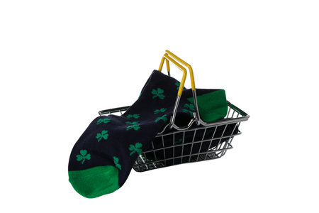 PNG, Socks with clover in shopping basket, isolated on white backgroundの写真素材