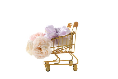 PNG, shopping cart with flowers, isolated on white background.の写真素材
