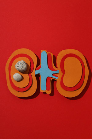 Kidneys made of paper, with stones, on a red background.の写真素材