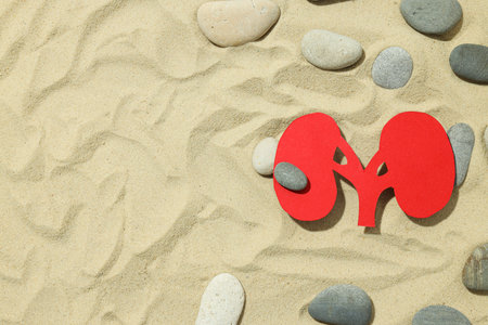 Kidneys on the sand with stones, National Kidney Month.