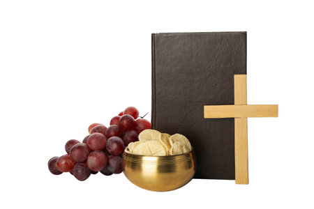 PNG, Bread, grapes, wooden cross and book, isolated on white backgroundの写真素材