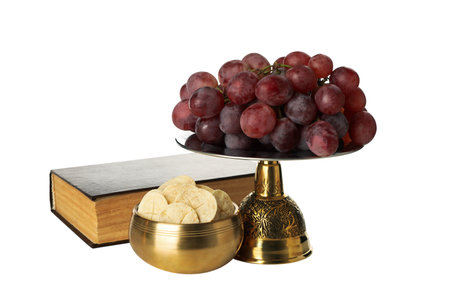 PNG, Bread in bowl, grapes and book, isolated on white backgroundの写真素材