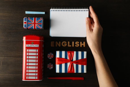 The concept of learning English, a notebook on a blue background.の写真素材