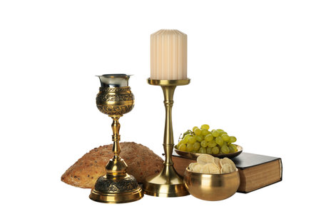 PNG, Bread, grapes on book, candle and cup, isolated on white backgroundの写真素材