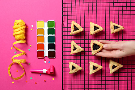 Purim holiday concept, with traditional symbols and decor.の写真素材