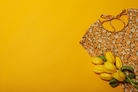 Summer dress and flowers on yellow background, space for text