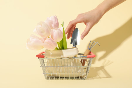 Garden tools, hand, flowers in bag and shopping basket on light backgroundの写真素材