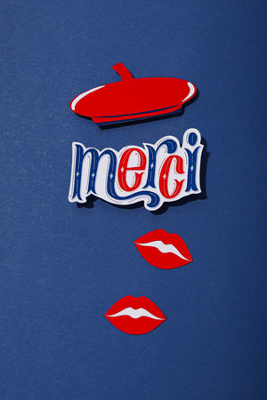 Concept of France, visual symbols of the country, on a blue background.の写真素材