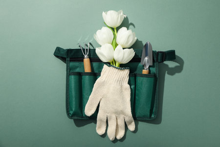 Garden tools and tulips in glove on green background, top viewの写真素材