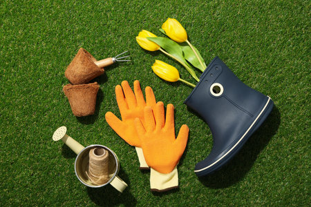 Gardening supplies and tulips in rubber boot on green background, top viewの写真素材