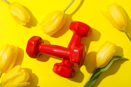 Red dumbbells with flowers on a yellow background.の写真素材
