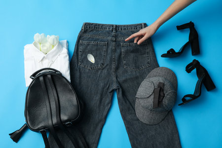 Female spring outfit and hand on blue background, top viewの写真素材