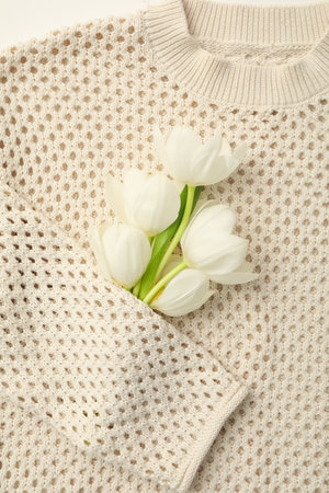Female sweater and flowers on white background, close upの写真素材