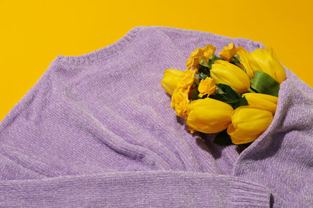 Sweater and flowers on yellow background, close up
