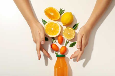 A glass bottle with black slices of lemonsの写真素材
