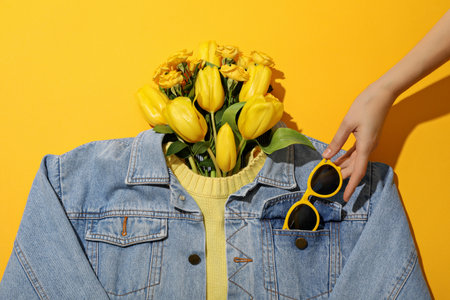 Sweater, flowers, denim jacket and glasses in hand on yellow background, top viewの写真素材