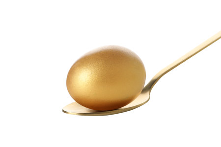 PNG,A golden egg in a golden spoon, isolated on white backgroundの写真素材