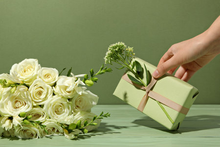 Fresh, beautiful flowers on a green background.の写真素材