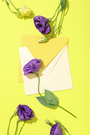 A leaf with fresh flowers on a light green background.の写真素材