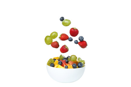 PNG, levitating components of fruit salad, isolated on white background.