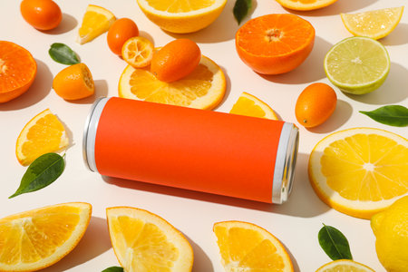 Tin can and citrus fruits on white background, close up