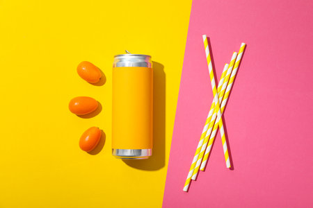 Tin can, kumquats and straws on yellow and pink background, top viewの写真素材
