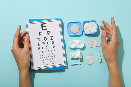 Contact lenses with accessories and a sight test plate