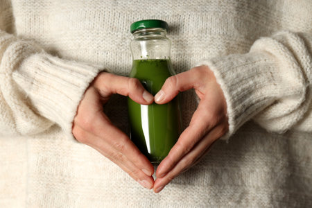 Fresh healthy smoothie in a glass bottleの写真素材