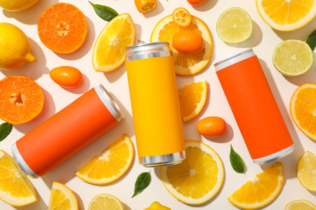 Tin cans and citrus fruits on white background, top view
