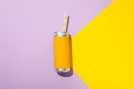 Tin can with straw on yellow and purple background, top viewの写真素材