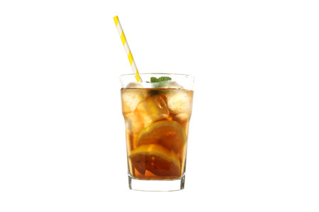 PNG, Glass of iced tea with straw, isolated on white backgroundの写真素材