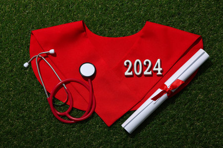 A graduate's collar, with a stethoscope on the grass.